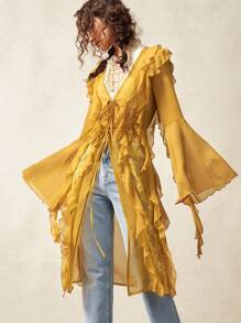 Bohemela Vestido mini BOHO para mujer con mangas acampanadas, nudo delantero y encaje de contraste con volantes, ropa bohemia chic, ropa de mujer bohemia