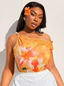 SHEIN SXY Plus Size Women's Spring And Summer Asymmetrical Shoulder Short Style Blooming Large Flower Print,Suitable For Early Spring, Spring And Summer, Rainforest, Beach Party, Seaside Vacation, Bonfire Party, Cool And Light, Slim Fit, Comfortable To Wear,Easy To Match&Looks Slim,Accent Your Body,Flatter The Figure