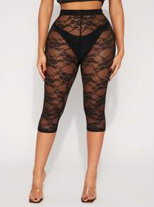 SHEIN SXY 纯黑色性感透明网眼蕾丝 3/4 长度紧身裤，百搭下装，适合日常外出、派对、夜店、夜间约会