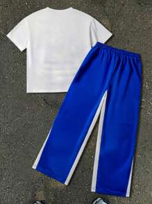 2pcs Tween Boy Fashionable Print Short Sleeve Loose Fit T-Shirt With Drawstring Waist, Matching Colorblock Pants, Street Style Spring/Summer Outfit