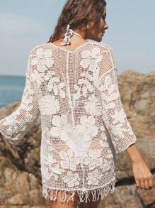 Swim Vcay Abito copricostume da spiaggia da donna per vacanze primaverili, elegante e sexy, tinta unita, copricostume in maglia traforata, stile boho festival - Albicocca - Visualizzare 2
