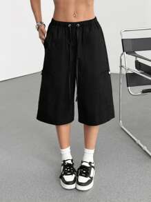 SHEIN EZwear Casual All-Match Black Drawstring Waist Cargo Pants - Black - View 1