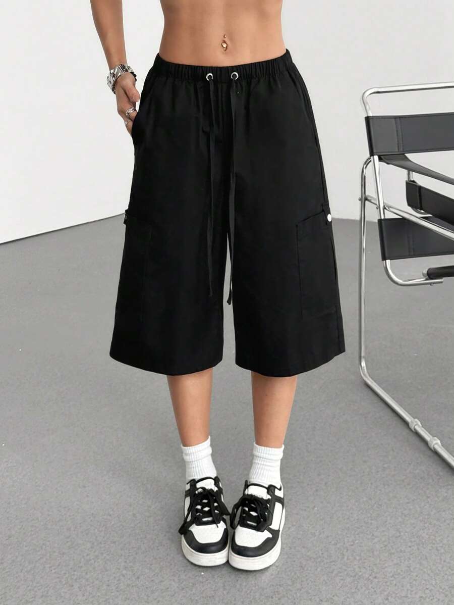 SHEIN EZwear Casual All-Match Black Drawstring Waist Cargo Pants - Black - View 1