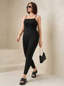 SHEIN Clasi Mono tipo jumper con corte en la espalda, tirantes de espagueti y elástico, para mujer de talla grande, atuendo elegante para el día a día, primavera/verano - Negro - Ver 7