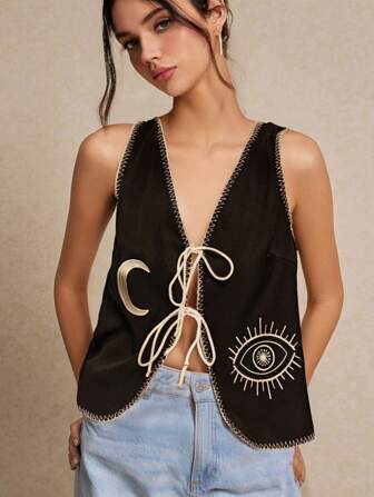 Poéselle 黑色刺绣背心，夏季背心，女式撞色饰边前系带无袖休闲背心