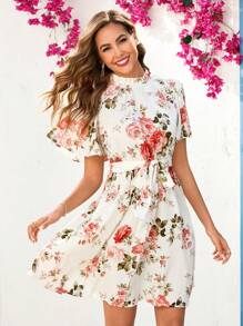 Ellevyn Women's Elegant Ruffle Collar Short Sleeve Cinched Waist Waist Floral Print A-Line Mini Dress - Multicolor - View 2