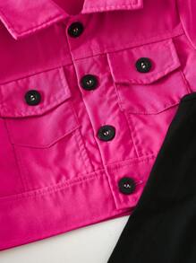 SHEIN Young Girl Solid Color Short-Sleeved Single-Breasted Shirt And Cami Dress Two-Piece Set - Hot Pink - View 4