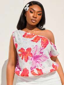 SHEIN SXY 大码女式性感春夏斜肩宽松肩褶皱彩色印花梭织剪裁面料衬衫，适合早春、春夏季、雨林、海滩派对、海边度假、篝火晚会，凉爽轻盈，修身版型，穿着舒适，易于搭配且看起来苗条，突出您的身材，凸显身材