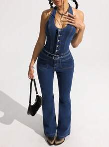 SHEIN EZwear Women's Simple Fashionable Casual Denim Halter Jumpsuit For Everyday Wear - Dark Wash - View 1