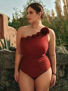 Swim Chiccia Plus Size Women 3D Floral Design One Piece Swimsuit, Elegant For Beach, Holiday & Wedding Season, Summer Vacation - Burgundy - View 1