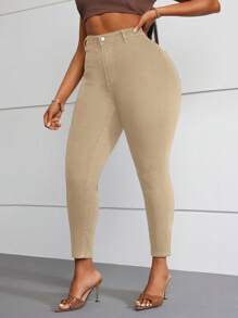 SHEIN Essnce 女式高腰紧身休闲百搭牛仔裤 - 卡其色 - 查看 6