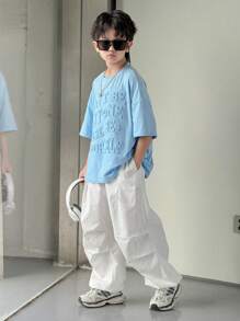 SHEIN Leap Crew 2pcs Kids Tween Boy Japanese And Korean Casual Versatile Comfortable Letter Three-Dimensional Embossed Loose Short-Sleeved Round Neck Pullover Short-Sleeved Knitted T-Shirt With Cuffs And Loose Trousers Two Pieces Suit - Multicolor - View 3