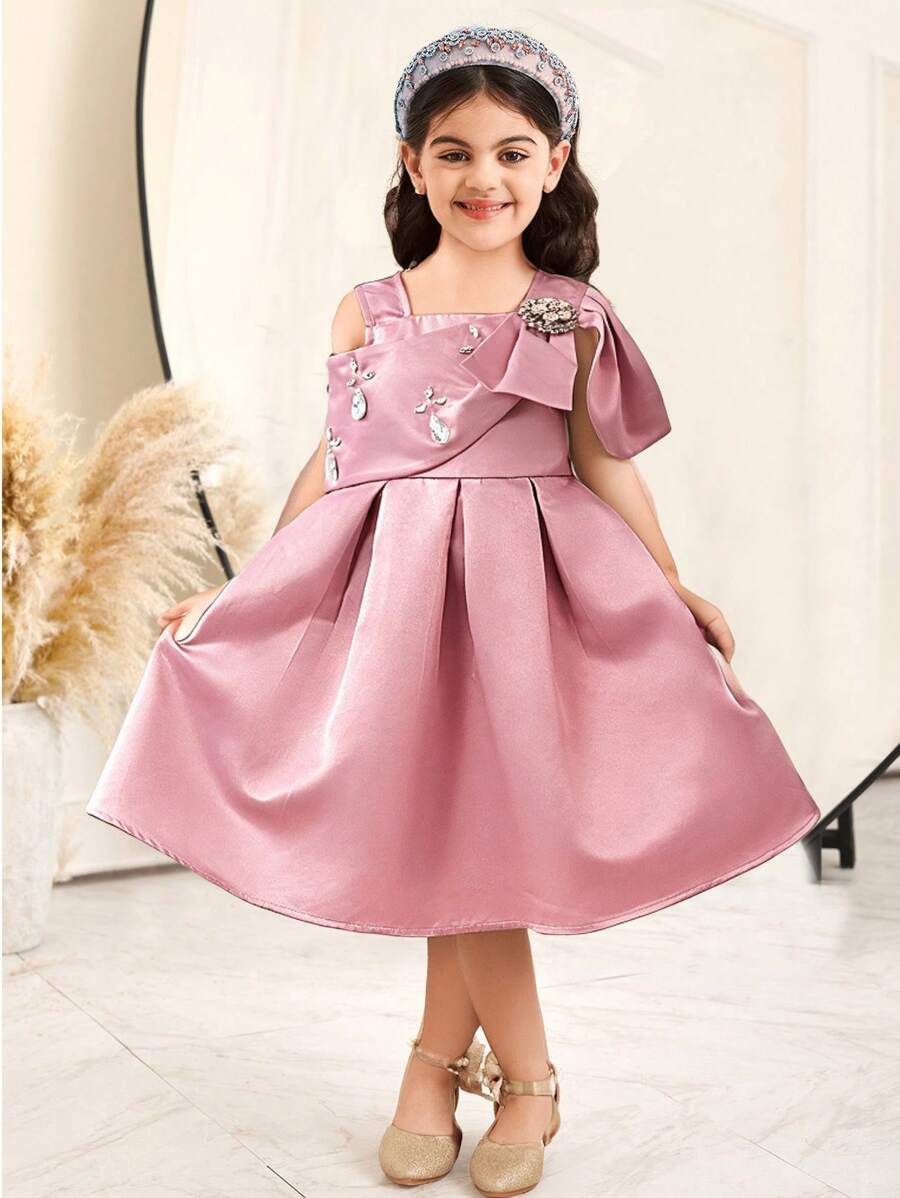 SHEIN Leap Crew Young Girl Elegant Exclusive Asymmetric Large Bow Satin Dress Gown - Pink - View 1