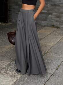 Livesso Luźne plisowane szerokie nogawki w stylu vintage w jednolitym kolorze dla kobiet, wiosna/lato - Szary - Zobacz 6