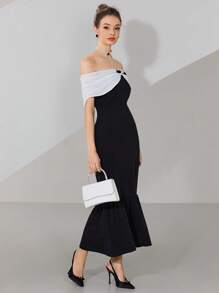 Modelyn A Celebrity Black And White  Bowknot  Fish Tail Dress Women's Long Dress Simple Fashion Casual Daily