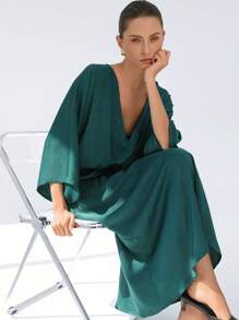 Aveloria Modichic Dark Green Elegant And Comfortable Satin Texture Loose Deep V-Neck Pleated Waist Mid-Length Sleeve Midi Ladies Long Dress