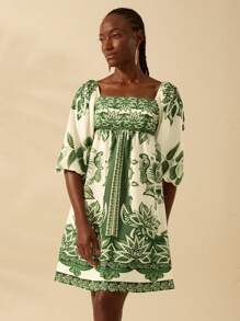 CAJUNI Women's Boho Tropical Green Plant Print, Lantern Sleeve Short Mini Dress, Casual Beach Summer Dress