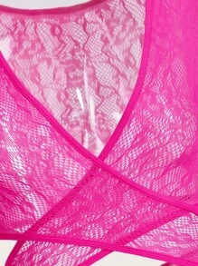 2pcs Set Lace-Up Semi-Sheer High Elasticity Bralette & Panties Set, Plus Size, Suitable For Parties, Night Clubs For Going Out - Hot Pink - View 3