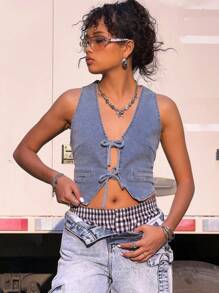 SHEIN Teen Girls' Y2K Blue Denim Bow Sleeveless Cropped Top,Kid Girls Spring And Summer Casual Vacation Boho Wear, Festival Outfits For Girls