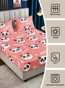 3pcs Pink Cute Panda & Bamboo Pattern Bedding Set (1pc Fitted Sheet + 2pcs Pillowcases, Without Comforter Insert), Modern Adorable Design, Soft & Skin-Friendly, Polyester, Breathable For All Seasons, Home Decor - Multicolor - View 4