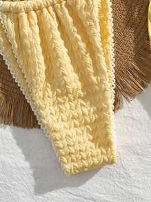 Swim Mod 2pcs Sexy Solid Yellow Halter Triangle Backless Ruffle Trim Women's Vacation Swimwear Bikini Set, Summer Beach - Yellow - View 5