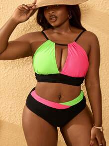 SHEIN Swim Curve Plus Size Women 2pcs Color Block Casual Stylish Swimwear Bikini Set For Holiday, Resort, Beach, Summer Vacation - Multicolor - View 4