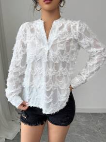 Elenzga Women's Elegant Simple Office Shirt, White Stand Collar Long Sleeve Sheer Hollow Out Details Fall Cloth For Women - White - View 6