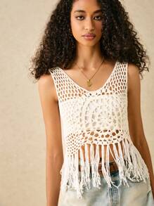 Poéselle White Crochet Top,Summer Women Outfit,Going Out Tops,Tops,Music Festival,Boho,Featuring Exquisite Crochet Patterns, Breathable And Delicate, It Adds A Distinct Texture That Makes Each Vest Stand Out.Solid Color Hand-Crocheted Tassel Camisole Asymmetrical Summer Vacation Knit Top,This Crochet Vest Showcases The Unique Charm Of Handcrafted Design, Perfectly Blending Into Bohemian Style, Suitable For Various Casual Occasions.