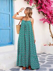 SHEIN VCAY Vestido casual de tiras de espagueti con estampado floral para mujer de talla grande, para vacaciones