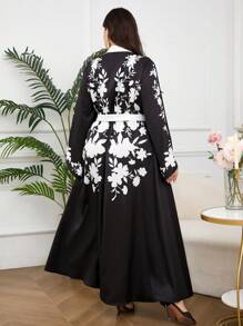 Veilorie Plus Floral Print Flounce Sleeve Belted Dress - Apricot - View 4