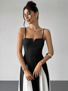 Firerie Women's  New Black And White Contrast Notch V-Neck Long Swing Dress, Spliced Contrast Dress, Suspender Dress,Commuting, Elegant, Sexy, Vacation, Beach,Bohemia, Hawaii, Dating, Party, Concert, Performance Costume,  Back To School Season, Valentine's Day,Music Festival,Graduation,Teacher Outfits For Women,Teacher Dress