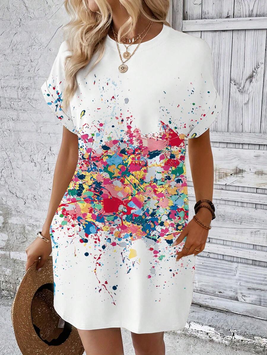 INAWLY Ink Print Batwing Sleeve Tee Dress - Multicolor - View 1