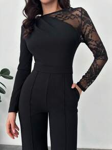 Firerie 女士黑色蕾丝拼布长袖修身连体裤，优雅/办公/休闲/度假/性感/派对/商务 - 黑色 - 查看 1