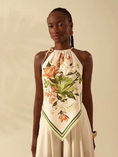 CAJUNI Tropical Floral Print Halter Top: Bohemian Resort Wear For Women,Vacation Outfits Woman,Vacation Outfits Woman