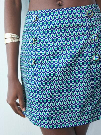 Maija Women's Geometric & Digital Print Office Suit Set - Fitted Jacket & Pencil Skirt, Versatile For All Seasons, Modern Urban Professional Attire, Available In Blue & Multi-Color Old Money