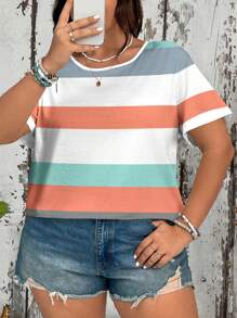 EMERY ROSE Casual Simple Striped Pattern Loose Round Neck Short Sleeve Plus Size T-Shirt Suitable For Summer,Concert Women Country Spring For Women Summer For Women Boho Women Summer T Shirts Women Top - Multicolor - View 7