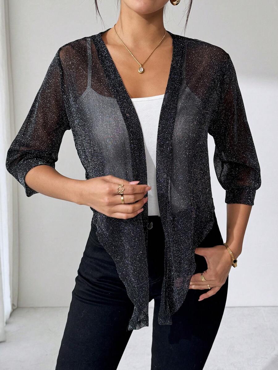 SHEIN Clasi Elegant Women's Silver Thread Black Casual Lightweight Top, Versatile For Daily Wear, Spring/Summer