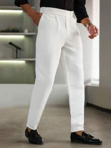 Manfinity Bizformal Men's Solid Color Straight Casual Suit Pants, Elastic Waist, Button Zipper Door Tube Design. Men's Casual Trousers, Can Be Worn Daily, Suitable For Business Work Parties, Weddings And Other Occasions. Can Be Used As A Gift For Boyfriends And Husbands