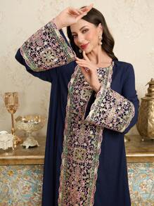 Al Najma Front Split-Sleeve Sequins Colorful Trim Big Hem Arabic Style Dress, Spring/Summer,Modest