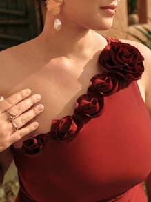 Swim Chiccia Plus Size Women 3D Floral Design One Piece Swimsuit, Elegant For Beach, Holiday & Wedding Season, Summer Vacation - Burgundy - View 5