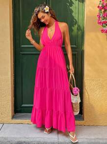 Breezaya Vestido halter con espalda anudada y dobladillo con volantes - Rosa Fucsia - Ver 3