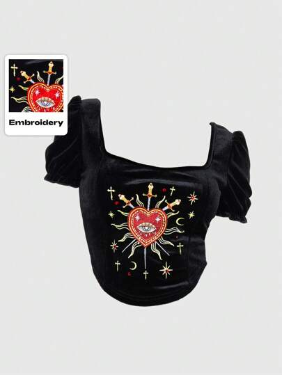 Goth Frühlings-Outfit für Frauen - Palastgotik Mädchen Wald Liebe Stickerei Augen Edelstein Kristall Tränenform Wassertropfen Augen Stern Quadratischer Ausschnitt Schwarze Puffärmel Damen T-Shirt