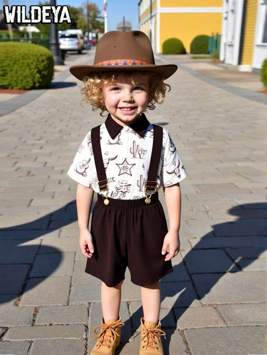 SHEIN Young Boys 2pcs Sets 2025 Spring & Summer Wildeya New Styles: Fashion Gentleman Casual Western Print Color Block Polo Shirt & Bib Shorts Set, Suitable For Outdoor Activities, Daily Wear, Ranch Theme Parties