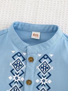 Cozy Pixies Young Boy Geo Print Mock Neck Tee & Shorts - Blue - View 5