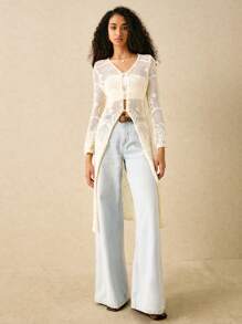 Poéselle Chinese Style Hollow Out Knitted Mid-Length Cardigan - Apricot - View 5