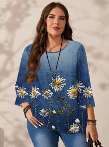 EMERY ROSE 女式加大码花卉图案宽松圆领 3/4 袖衬衫，春夏季休闲装