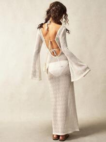 Bohemela Boho 1pc Women's Solid Color Knitted Long Bell Sleeve Backless Fitted Dress - Apricot - View 4