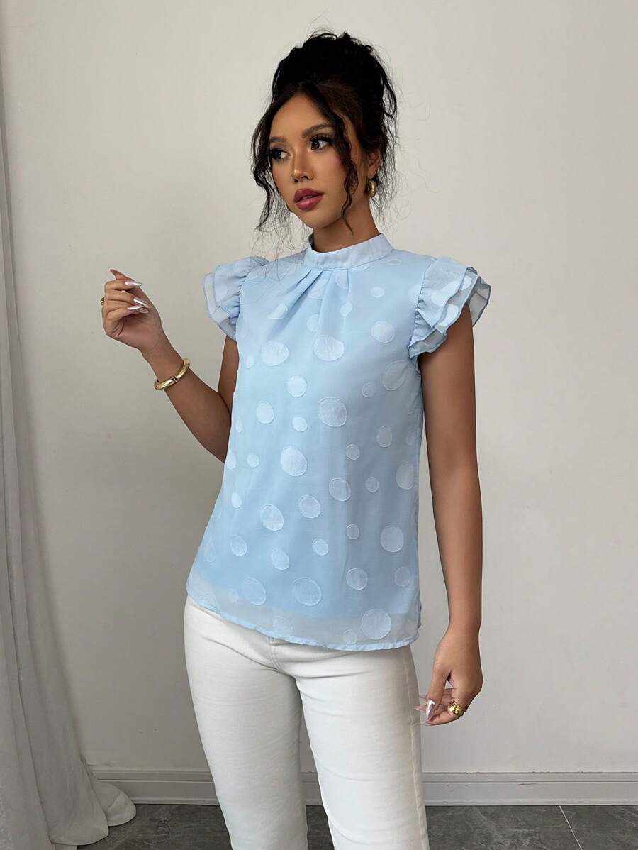 Chiquease Blusa de mujer de unicolor con jacquard y mangas cortas con volantes - Azul - Ver 1