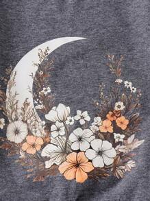 Young Girl Casual Short Sleeve Floral & Crescent Moon Print Tee, Daily/Outdoor Wear For Summer - Grey - View 3