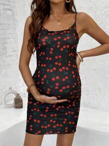 SHEIN Pregnant Women All-Over Cherry Print Lettuce Trim Red And Black Vacation Dress - Multicolor - View 5